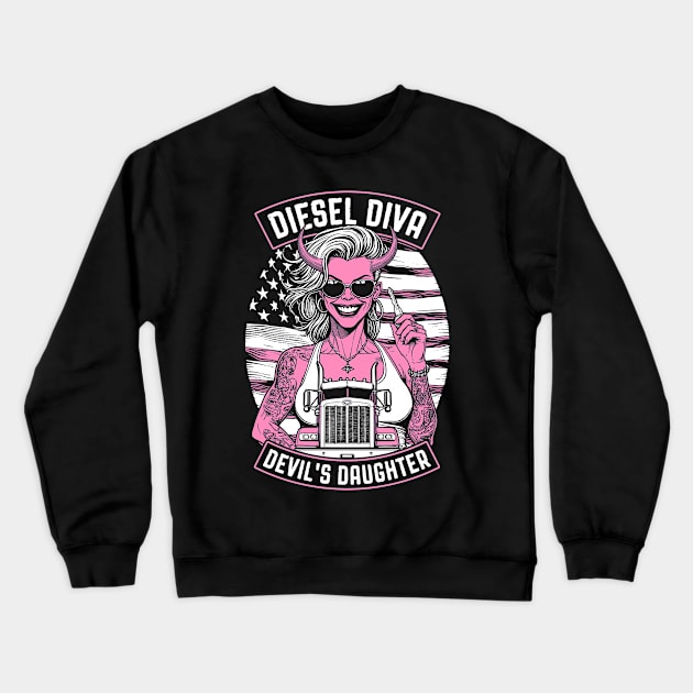 Woman Trucker Diesel Diva Female Devil Truck Driver USA Flag Crewneck Sweatshirt by Grandeduc